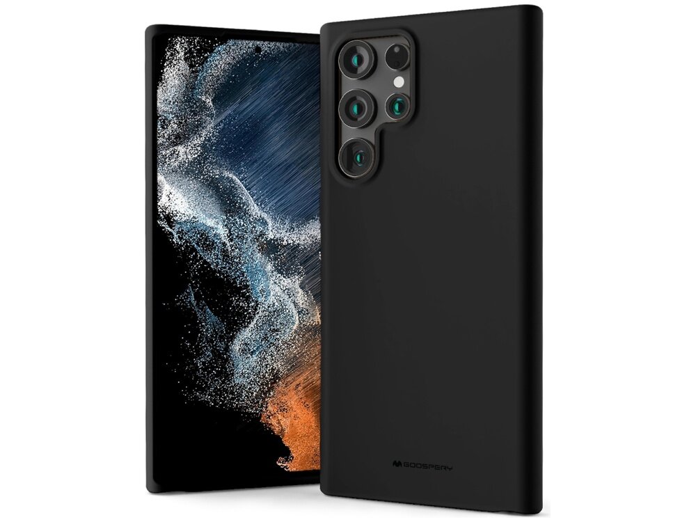 Czarne etui na telefon z widocznymi wycięciami na aparat, obok telefonu z dynamiczną grafiką na ekranie. Na etui znajduje się napis \'MERCURY\'.