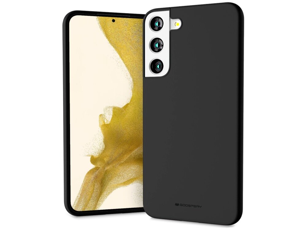 Czarne etui na telefon z trzema otworami na aparaty, obok widoczny ekran telefonu z abstrakcyjnym, żółtym wzorem. Na etui znajduje się logo \'MERCURY\'.
