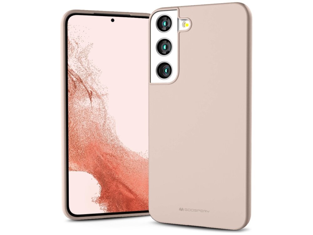 Etui w kolorze różowo-piaskowym na telefon z trzema widocznymi otworami na aparaty. Na etui znajduje się logo \'GOOSPERY\'.