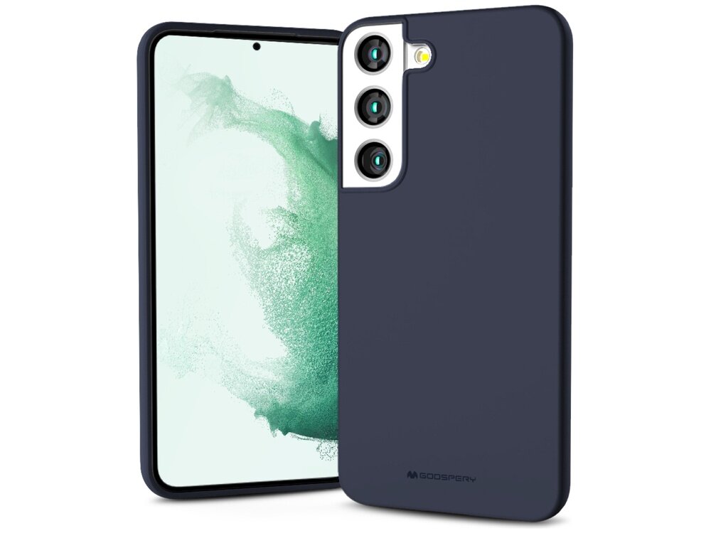 Niebieskie etui na telefon z trzema wycięciami na aparaty, widoczne logo \'GOOSPERY\'.