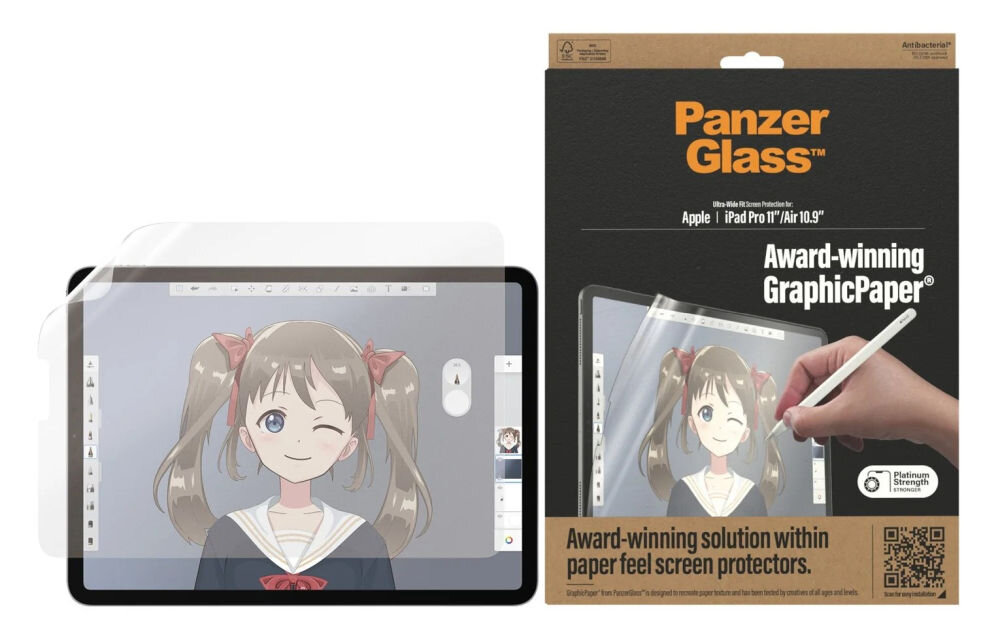 Na obrazie widoczny jest tablet z nałożoną folią ochronną, na ekranie którego znajduje się rysunek postaci z kreskówki. Obok znajduje się opakowanie z napisem \'Panzer Glass\' oraz \'Award-winning GraphicPaper\'.