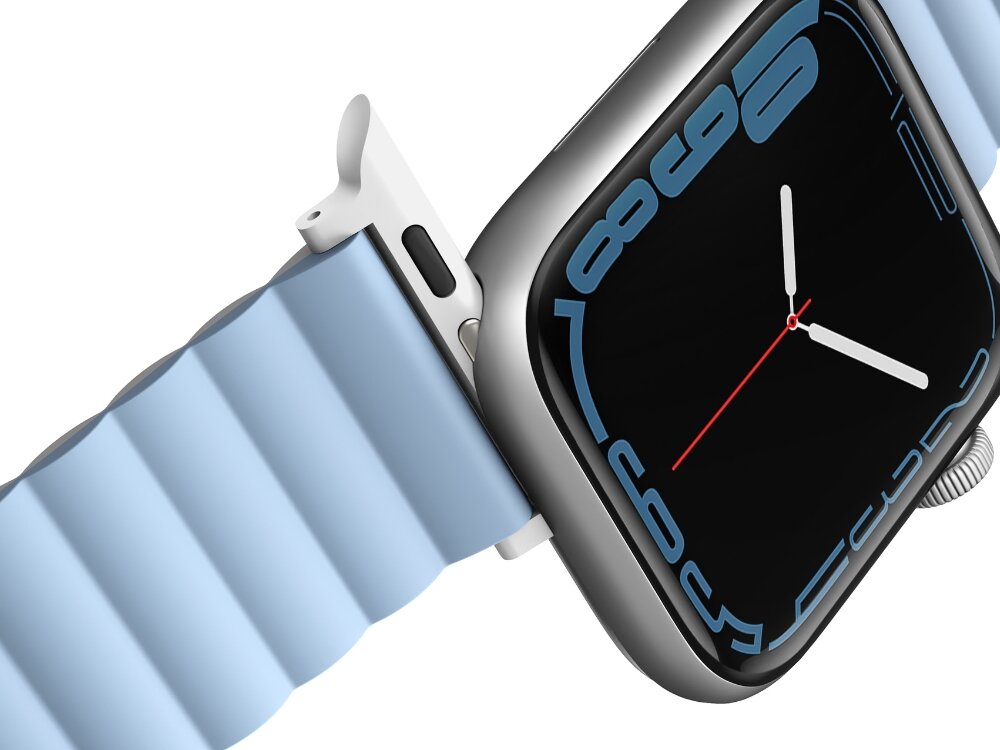 Pasek UNIQ Revix do Apple Watch 1/2/3/4/5/6/7/8/9/SE/SE2 (38/40/41mm) Biało-niebieski, Wygoda i trwałość, Zbliżenie na odpinany pasek wraz z zegrakiem