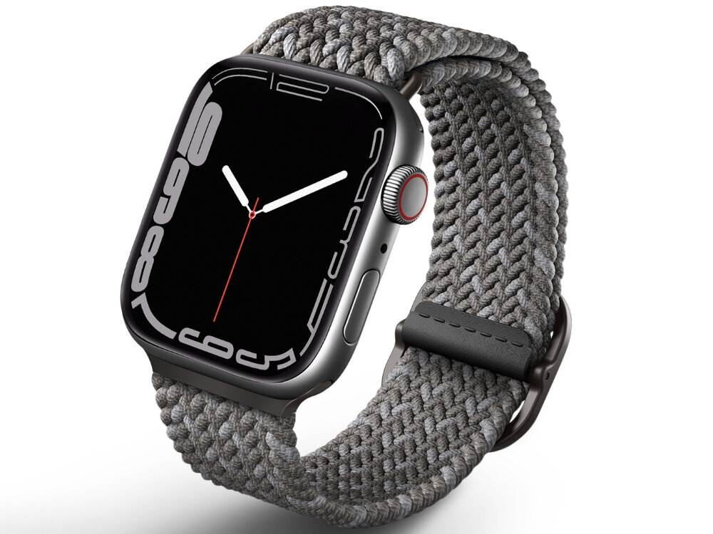 Pasek UNIQ Aspen DE do Apple Watch 1/2/3/4/5/6/7/8/9/SE/SE2 (42/44/45mm) Szary, Elastyczna wygoda, Zegarek wraz z paskiem pokazany od frotnu prawo skos