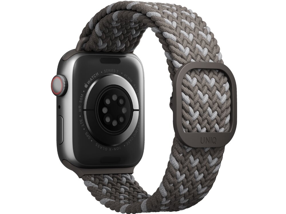 Pasek UNIQ Aspen DE do Apple Watch 1/2/3/4/5/6/7/8/9/SE/SE2 (42/44/45mm) Szary, Na aktywny dzień, Zegarek pokazany od tyłu lewo skos