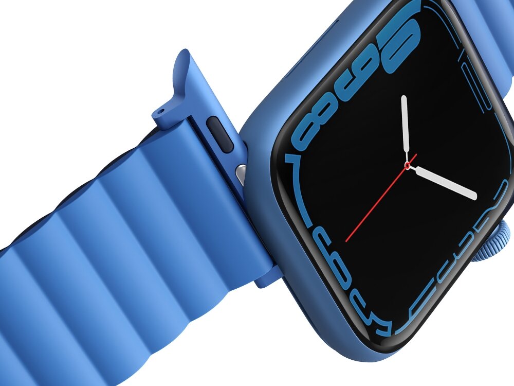 Pasek UNIQ Revix do Apple Watch 1/2/3/4/5/6/7/8/9/SE/SE2 (38/40/41mm) Czarno-niebieski, Wygoda i trwałość, Zbliżenie na odpinany pasek wraz z zegrakiem