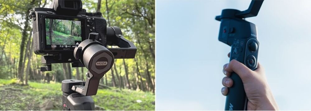 Gimbal ręczny MOZA Mini-P Max fotografia stabilizacja nagrywanie żyroskop uchwyt zasilanie ładowanie bateria tryby przyciski złącza porty kompatybilność udźwig wykonanie pojemność