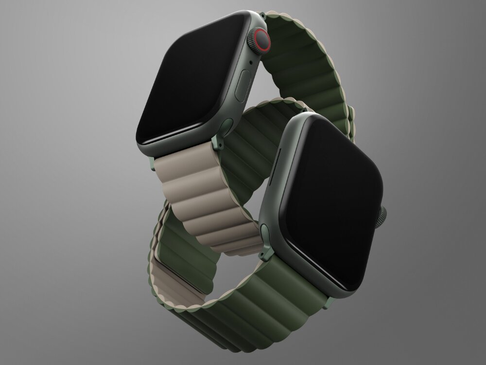 Pasek UNIQ Revix do Apple Watch 1/2/3/4/5/6/7/8/9/SE/SE2/Ultra/Ultra 2 (42/44/45/49mm) Zielono-ciemnoszary, Zmieniaj styl, jak chcesz, Przeplatane przez paski 2 zegarki