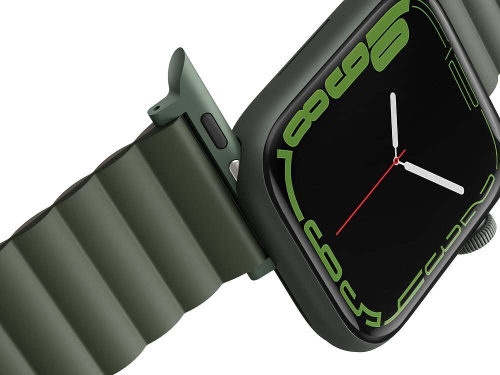 Pasek UNIQ Revix do Apple Watch 1/2/3/4/5/6/7/8/9/SE/SE2/Ultra/Ultra 2 (42/44/45/49mm) Zielono-ciemnoszary, Wygoda i trwałość, Zbliżenie na odpinany pasek wraz z zegrakiem