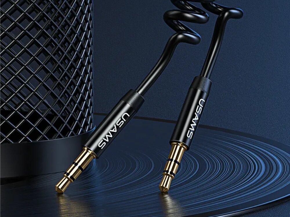 Kabel USAMS US-SJ256 Jack 3.5 mm
            pozłacane końcówki kabla na ciemnym tle sprężynowy przewód długość pozłacane złącza jack 3.5 spiralna konstrukcja