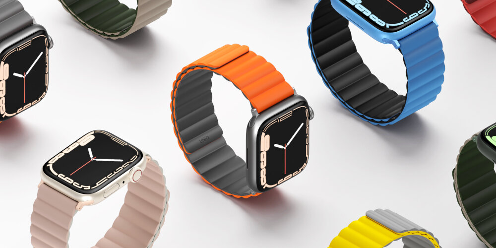 Pasek UNIQ Revix do Apple Watch 1/2/3/4/5/6/7/8/9/SE/SE2/Ultra/Ultra 2 (42/44/45/49mm) Różowo-beżowy, Trzy style w jednym pasku, Wizulizacja pasków w różnych kolorach