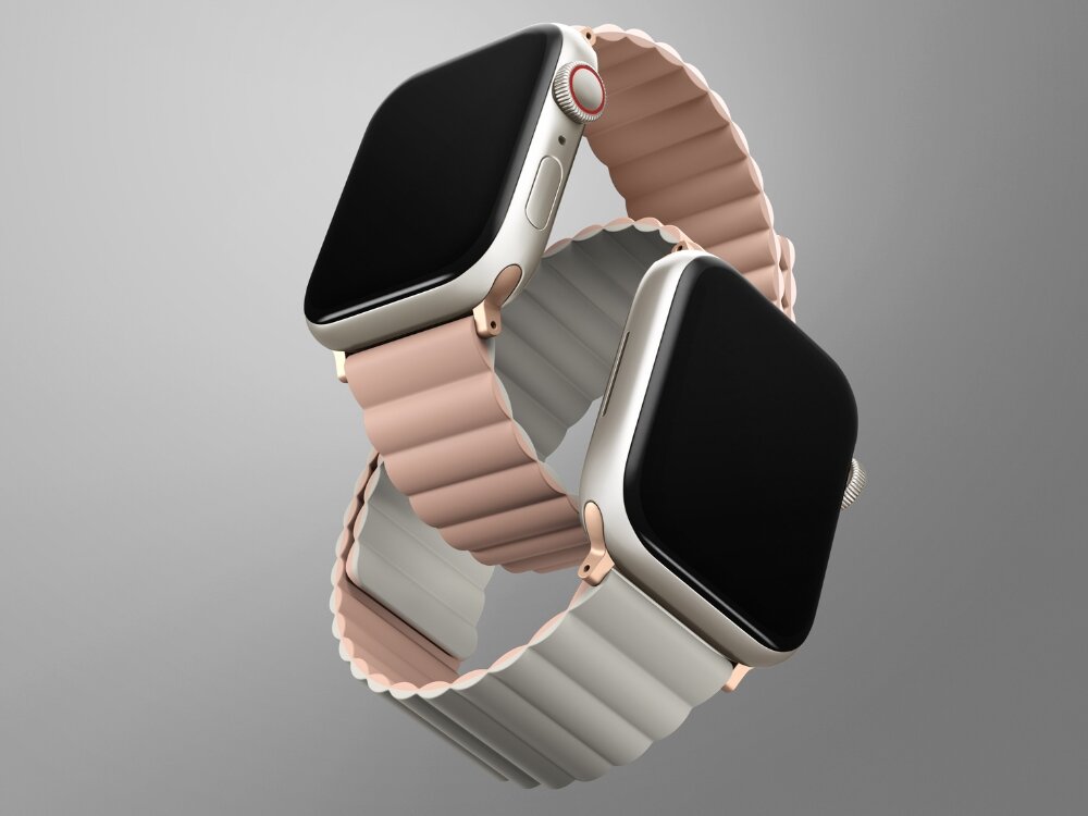 Pasek UNIQ Revix do Apple Watch 1/2/3/4/5/6/7/8/9/SE/SE2/Ultra/Ultra 2 (42/44/45/49mm) Różowo-beżowy, Zmieniaj styl, jak chcesz, Przeplatane przez paski 2 zegarki