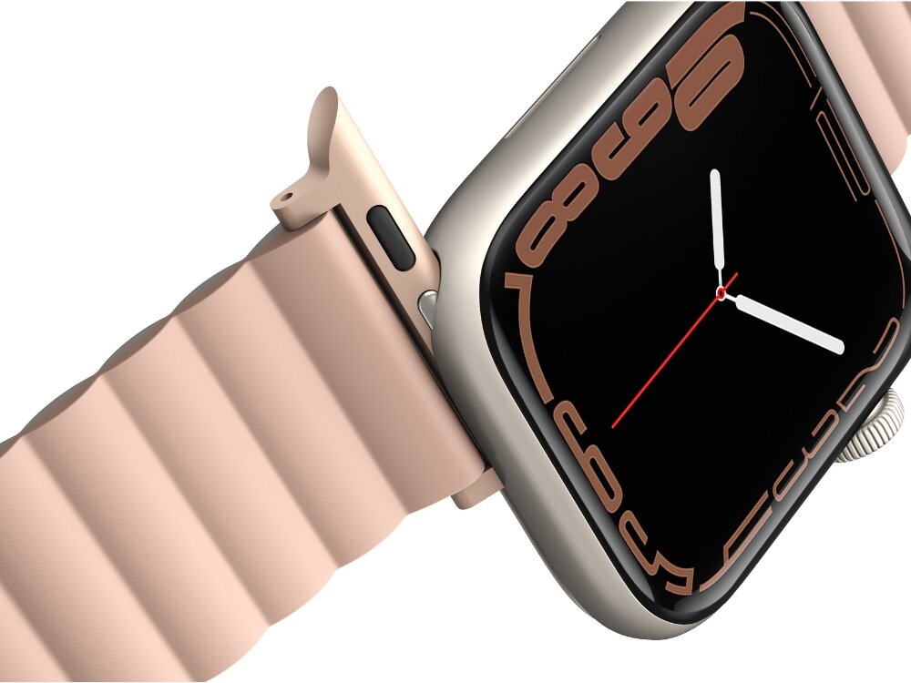 Pasek UNIQ Revix do Apple Watch 1/2/3/4/5/6/7/8/9/SE/SE2/Ultra/Ultra 2 (42/44/45/49mm) Różowo-beżowy, Wygoda i trwałość, Zbliżenie na odpinany pasek wraz z zegrakiem
