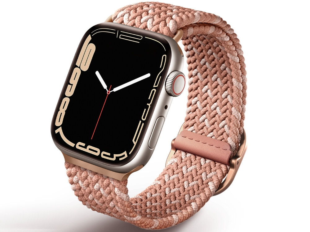 Pasek UNIQ Aspen DE do Apple Watch 1/2/3/4/5/6/7/8/9/SE/SE2 (42/44/45mm) Szary, Elastyczna wygoda, Zegarek wraz z paskiem pokazany od frotnu prawo skos