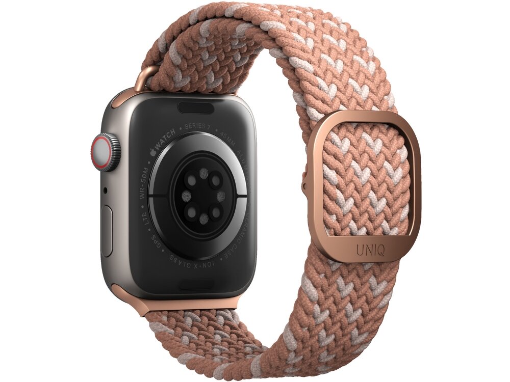 Pasek UNIQ Aspen DE do Apple Watch 1/2/3/4/5/6/7/8/9/SE/SE2 (38/40/41mm) Różowy, Na aktywny dzień, Zegarek pokazany od tyłu lewo skos