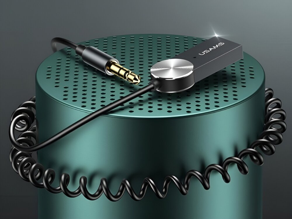 Adapter audio USAMS US-SJ464 Bluetooth
            adapter owinięty wokół głośnika mikrofon obudowa aluminium sprężynowy kabel czysty dźwięk
