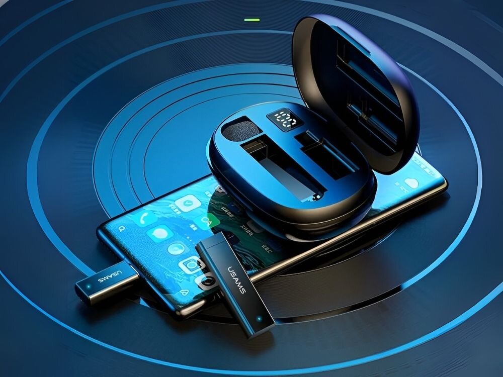 Mikrofon krawatowy USAMS Wireless Lavalier US-ZB244
                etui ładujące wraz z mikrofonem i odbiornikiem rejestracja dźwięku nagrywanie bezprzewodowy
