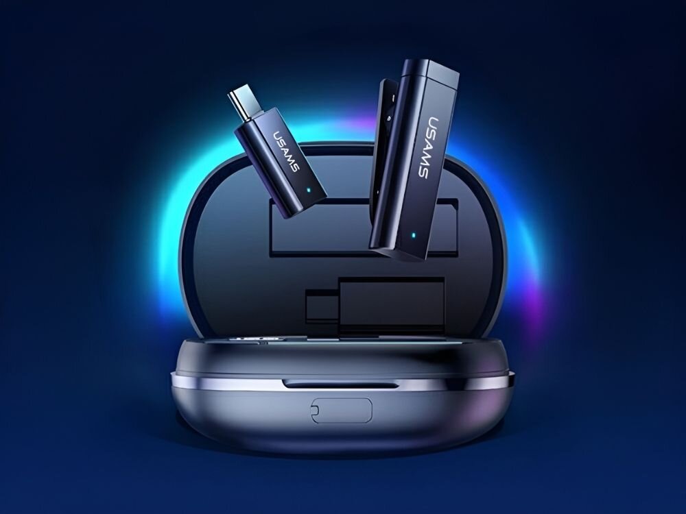 Mikrofon krawatowy USAMS Wireless Lavalier US-ZB244
                etui ładujące wraz z mikrofonem i odbiornikiem nagrywanie technologia plug nad play rejestracja