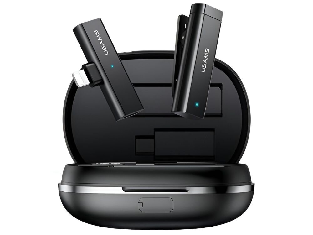 Mikrofon krawatowy USAMS Wireless Lavalier US-ZB244
                etui ładujące wraz z mikrofonem i odbiornikiem stacja ładująca zabezpiecza mikrofon odbiornik w podróży wbudowany akumulator wielogodzinne działanie zgrabna forma