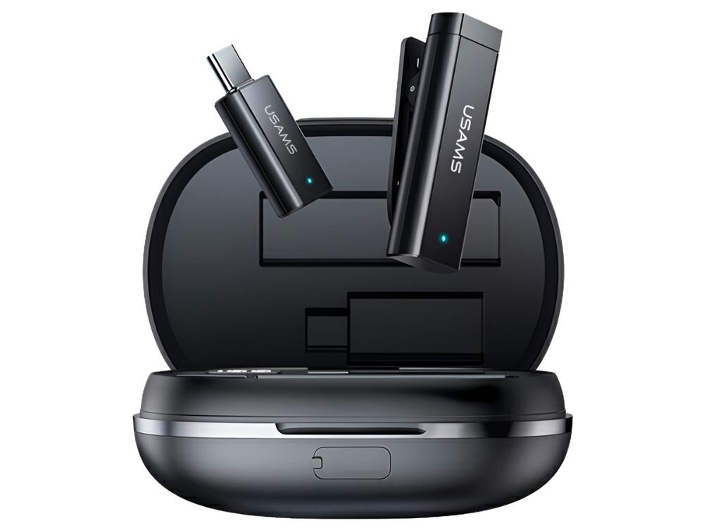 Mikrofon krawatowy USAMS Wireless Lavalier US-ZB247
                etui ładujące wraz z mikrofonem i odbiornikiem stacja ładująca zabezpiecza mikrofon odbiornik w podróży wbudowany akumulator wielogodzinne działanie zgrabna forma