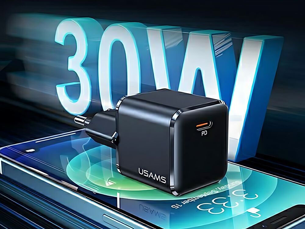 Ładowarka sieciowa USAMS T45 30W Biały + kabel USB-C - Lightning
ładowarka na smartfonie przed napisem 30W
czas ładowanie kabel urządzenie port napięcia 5V-3A, 9V-3A, 12V-2,5A, 15V-2A, 20V-1,5A tryb PPS: 3,3-11V3A, 3,3-16V2A 30W telefon tablet port USB-C