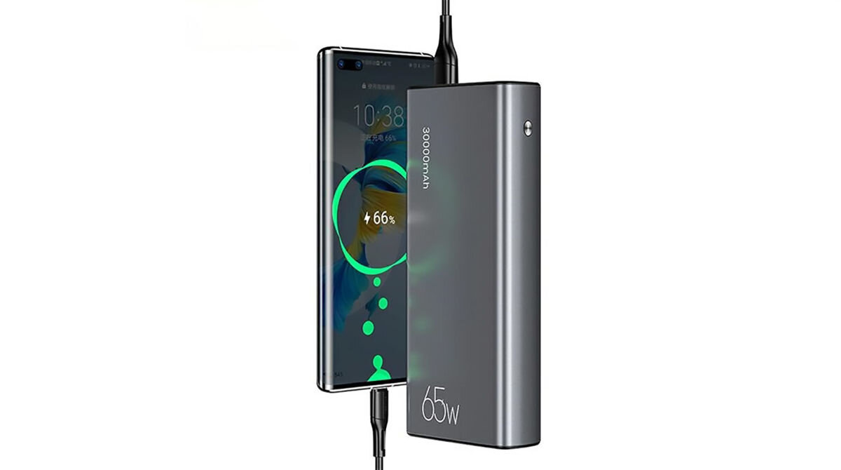 Powerbank USAMS CMXLOGTC01 30000mAh 65W Czarny stop aluminium ABS wymiary 164 x 70 x 35 mm niska waga 610 g