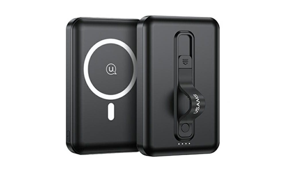 Powerbank indukcyjny USAMS PB64 DP Fast Charge 10000 mAh 20W Czarny powebank na bialym tle, wymiary, waga, obudowa