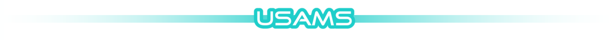 Logo z napisem \'USAMS\' w kolorze turkusowym na białym tle z gradientem.