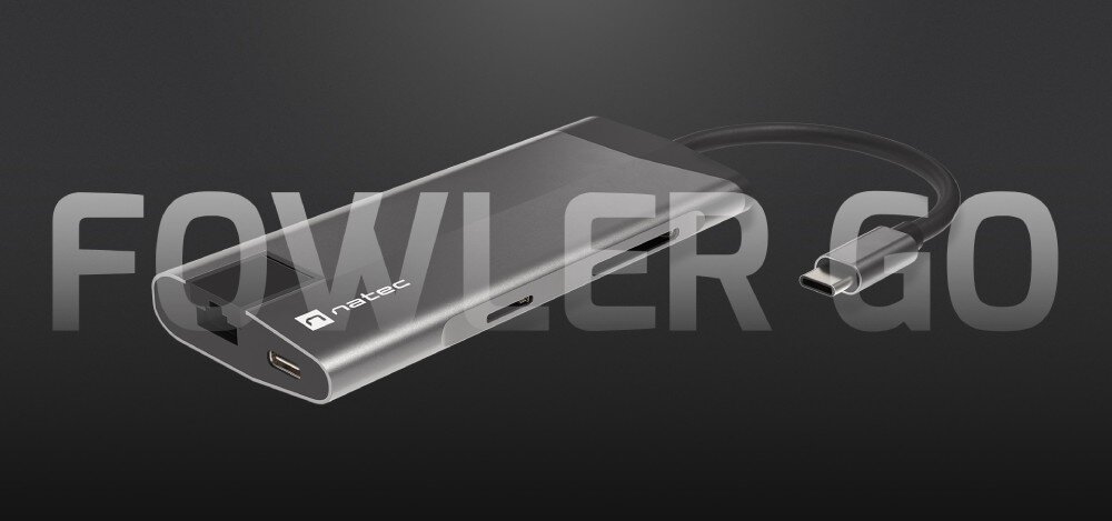 Hub NATEC Fowler Plus 8w1 Adapter z wieloma portami i kablem do podłączenia różnych urządzeń.