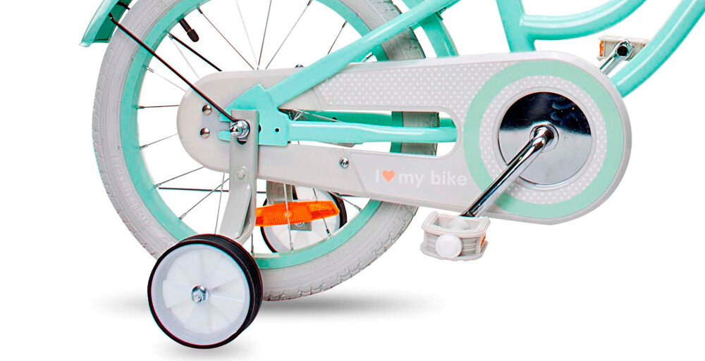 Rower dziecięcy SUN BABY Heart Bike Silver Moon 16 cali dla dziewczynki mietowy koła 16-calowe aluminiowe obręcze boczne kółka asekurują dziecko w początkowej fazie nauki łańcuch bezpiecznie ukryty po stylową osłoną błotniki w białym kolorze regularne sprawdzanie ciśnienia powietrza wartość na bocznej części opony