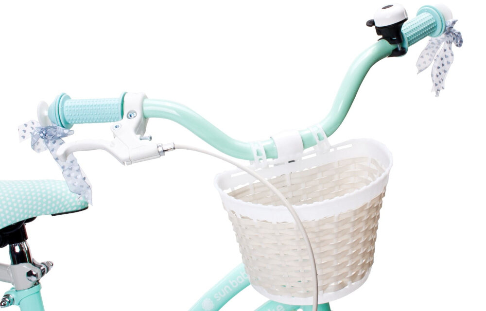 Rower dziecięcy SUN BABY Heart Bike Silver Moon 16 cali dla dziewczynki mietowy najwyższy komfort jazdy dziecko nie odczuje dyskomfortu zapewniona odpowiednia pozycja ciała uchwyty pokryte antypoślizgowym materiałem zabezpieczą ręce przed otarciami możliwość regulacji w zakresie 72-80 cm uchwyty zakończone wstążkami dzwonek koszyk na drobiazgi