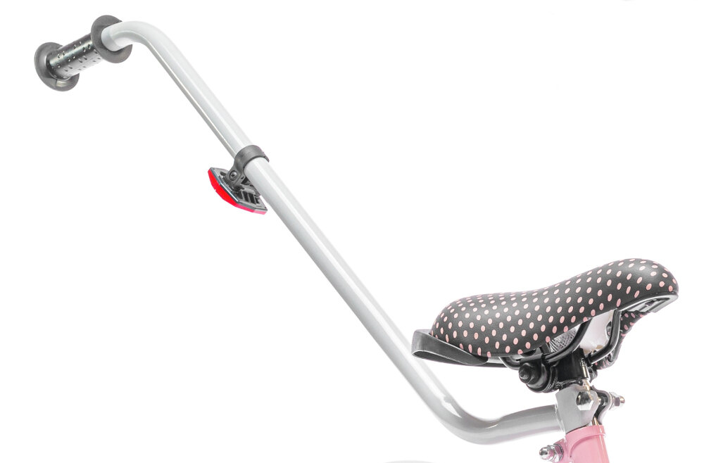 Rower dziecięcy SUN BABY Heart Bike 14 cali dla dziewczynki Różowy pałąk prowadzący dla rodzica pomoże w szlifowaniu umiejętności jazdy na jednośladzie