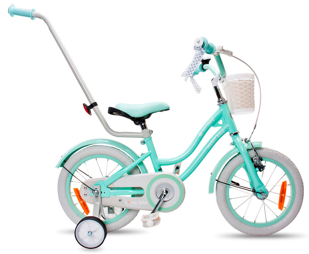 Rower dziecięcy SUN BABY Heart Bike Silver Moon 14 cali dla dziewczynki Mietowy koła 14-calowe aluminiowe obręcze boczne kółka asekurują dziecko w początkowej fazie nauki łańcuch bezpiecznie ukryty po stylową osłoną błotniki w białym kolorze regularne sprawdzanie ciśnienia powietrza wartość na bocznej części opony