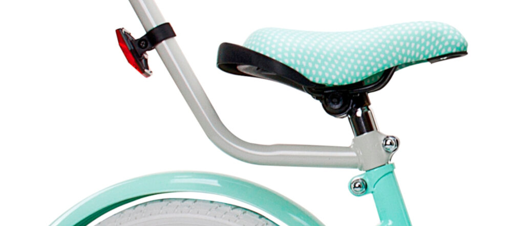 Rower dziecięcy SUN BABY Heart Bike Silver Moon 14 cali dla dziewczynki Mietowy bezpieczna i satysfakcjonująca aktywność wygodne siodełko pokryte pięknym mocnym czarnym materiałem w morelowe kropki możliwość reakcji w zakresie od 50 do 58 cm