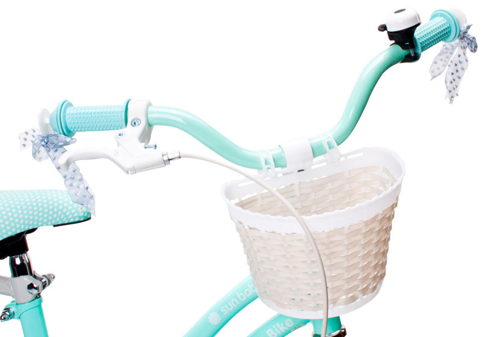Rower dziecięcy SUN BABY Heart Bike Silver Moon 14 cali dla dziewczynki Mietowy najwyższy komfort jazdy dziecko nie odczuje dyskomfortu zapewniona odpowiednia pozycja ciała uchwyty pokryte antypoślizgowym materiałem zabezpieczą ręce przed otarciami możliwość regulacji w zakresie 66-74 cm uchwyty zakończone wstążkami dzwonek koszyk na drobiazgi