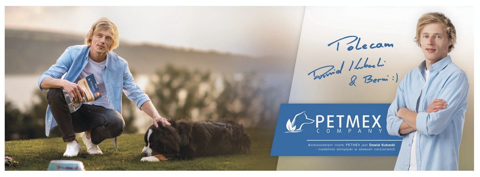Na obrazie znajduje się osoba trzymająca opakowanie produktu obok psa na trawie oraz logo PETMEX COMPANY z podpisem \'Polecam\'.