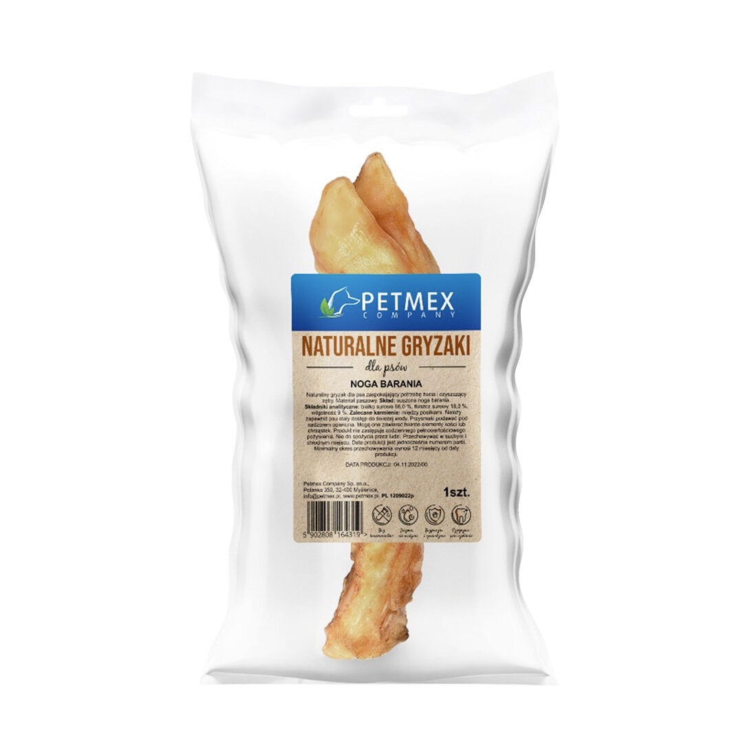Opakowanie produktu Petmex Company z naturalnym gryzakiem dla psów, oznaczone jako \'Noga barania\'. Na etykiecie widnieje tekst informacyjny oraz kod kreskowy.