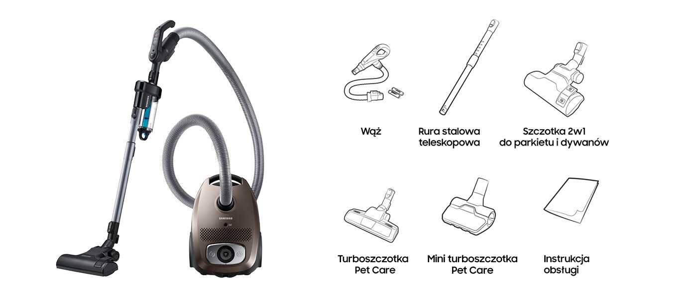 Elementy znajdujące się w opakowaniu razem z odkurzaczem Samsung VC079HNJGGD