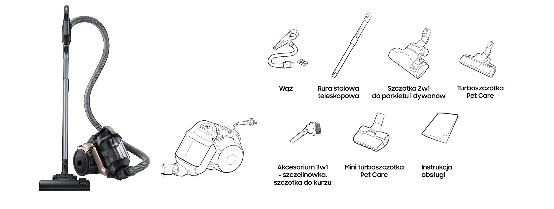 Razem z odkurzaczem dostępnym w ofercie Media Expert w opakowaniu znajduje się szereg niezbędnych elementów