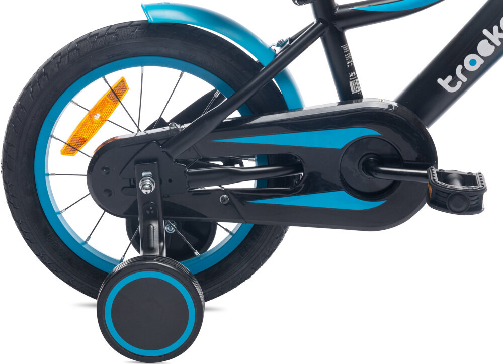 Rower dziecięcy SUN BABY Tracker 16 16 cali dla chłopca Niebieski koła 16-calowe szerokie opony MTB z głębokim bieżnikiem boczne kółka łańcuch ukryty pos stylową osłoną błotniki nad oboma kołami regularne sprawdzanie ciśnienia powietrza wartość na bocznej części opony