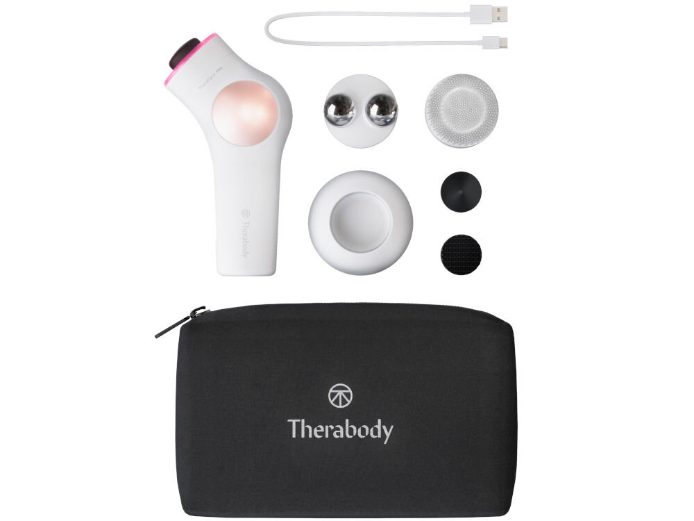 Urządzenie do pielęgnacji twarzy THERABODY TheraFace Pro TF02222-01 nasadki pokrowiec podstawka pierścień do terapii światłem led pierścień mikroprądowy żel przewodzący