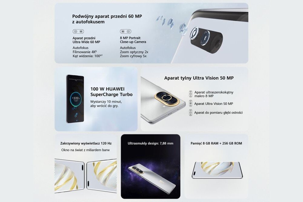 Smartfon HUAWEI Nova 10 Pro ekran bateria aparat procesor ram pamięć pojemność rozdzielczość zdjęcia filmy opis dane cechy blokady system łączność wifi bluetooth obudowa szkło odporność porty muzyka transfer sieć przekątna matryca waga czujniki
