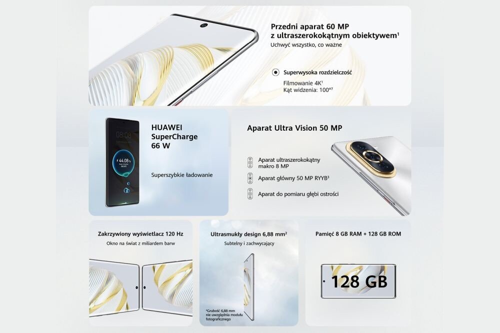 Smartfon HUAWEI Nova 10 ekran bateria aparat procesor ram pamięć pojemność rozdzielczość zdjęcia filmy opis dane cechy blokady system łączność wifi bluetooth obudowa szkło odporność porty muzyka transfer sieć przekątna matryca waga czujniki