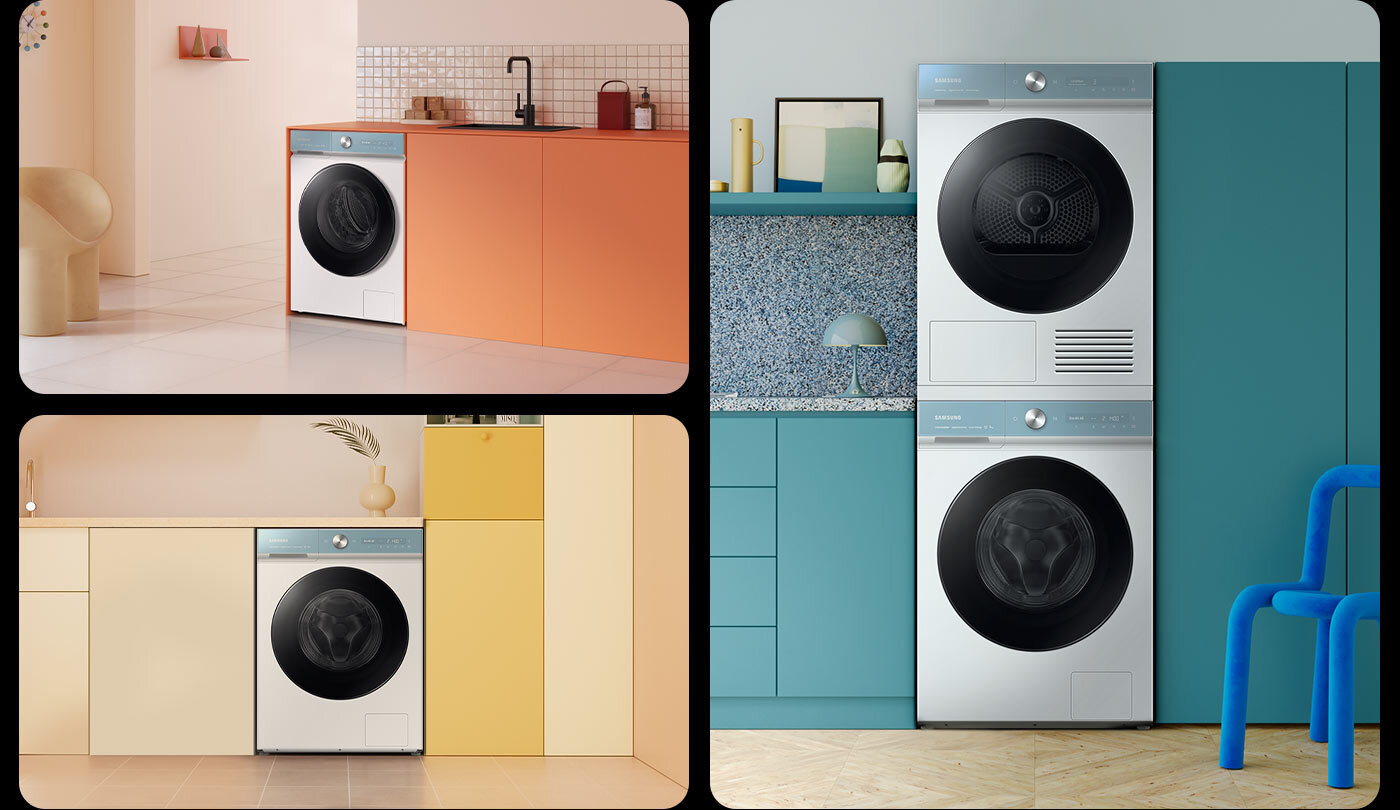 Stylistyka pralki Samsung Bespoke jest pokazana na trzech zdjęciach urządzenia umieszczonego w kolorowych mieszkalnych wnętrzach Stylistyka pralki Samsung Bespoke jest pokazana na trzech zdjęciach urządzenia umieszczonego w kolorowych mieszkalnych wnętrzach
