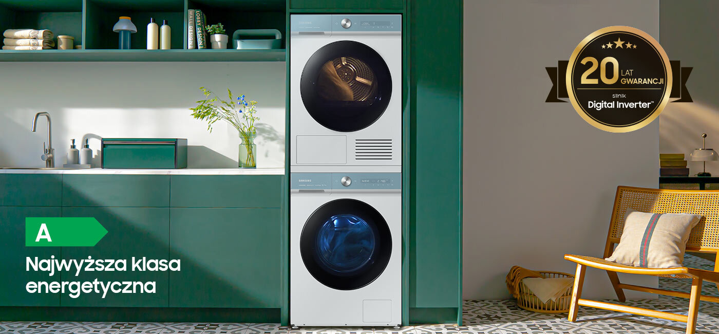Oszczędność i trwałość pralki potwierdza dwudziestoletnia gwarancja na silnik Digital Inverter - informacja została umieszczona na zdjęciu pralki Samsung w kuchennym wnętrzu Oszczędność i trwałość pralki potwierdza dwudziestoletnia gwarancja na silnik Digital Inverter - informacja została umieszczona na zdjęciu pralki Samsung w kuchennym wnętrzu