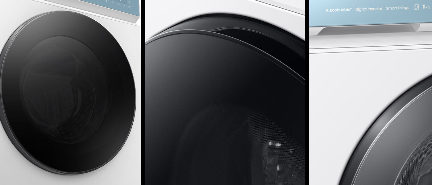 Zbliżenie na wykonane z hartowanego szkła drzwi pralki Samsung WW11BB944DGMS6 pokazuje połączenie wytrzymałych rozwiązań i nowoczesnego designu Zbliżenie na wykonane z hartowanego szkła drzwi pralki Samsung WW11BB944DGMS6 pokazuje połączenie wytrzymałych rozwiązań i nowoczesnego designu