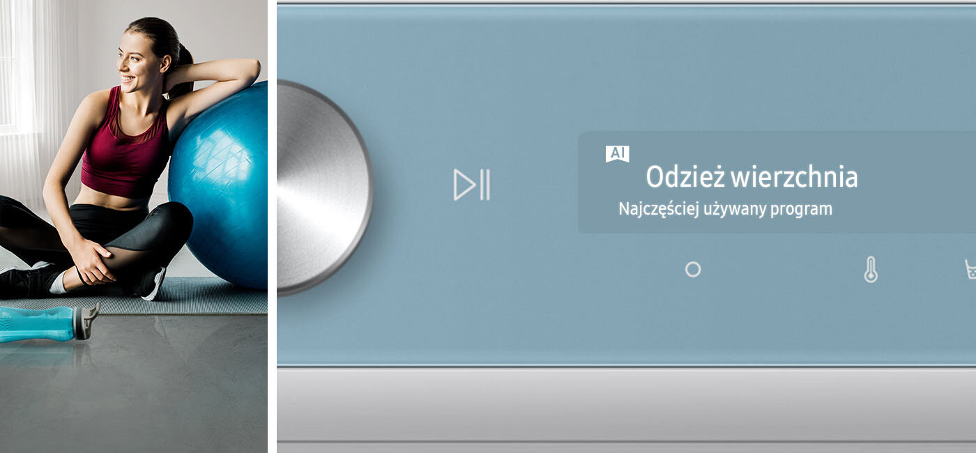 Zdjęcie uśmiechniętej kobiety ilustruje łatwość korzystania z inteligentnego programatora pralki Samsung WW11BB944DGMS6 Zdjęcie uśmiechniętej kobiety ilustruje łatwość korzystania z inteligentnego programatora pralki Samsung WW11BB944DGMS6