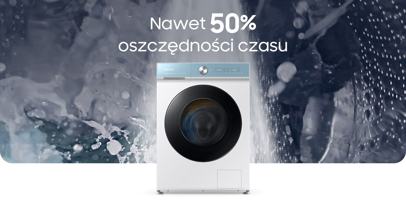 Grafika z pralką Samsung WW11BB944DGMS6 pokazuje możliwość skrócenia czasu prania nawet o połowę Grafika z pralką Samsung WW11BB944DGMS6 pokazuje możliwość skrócenia czasu prania nawet o połowę