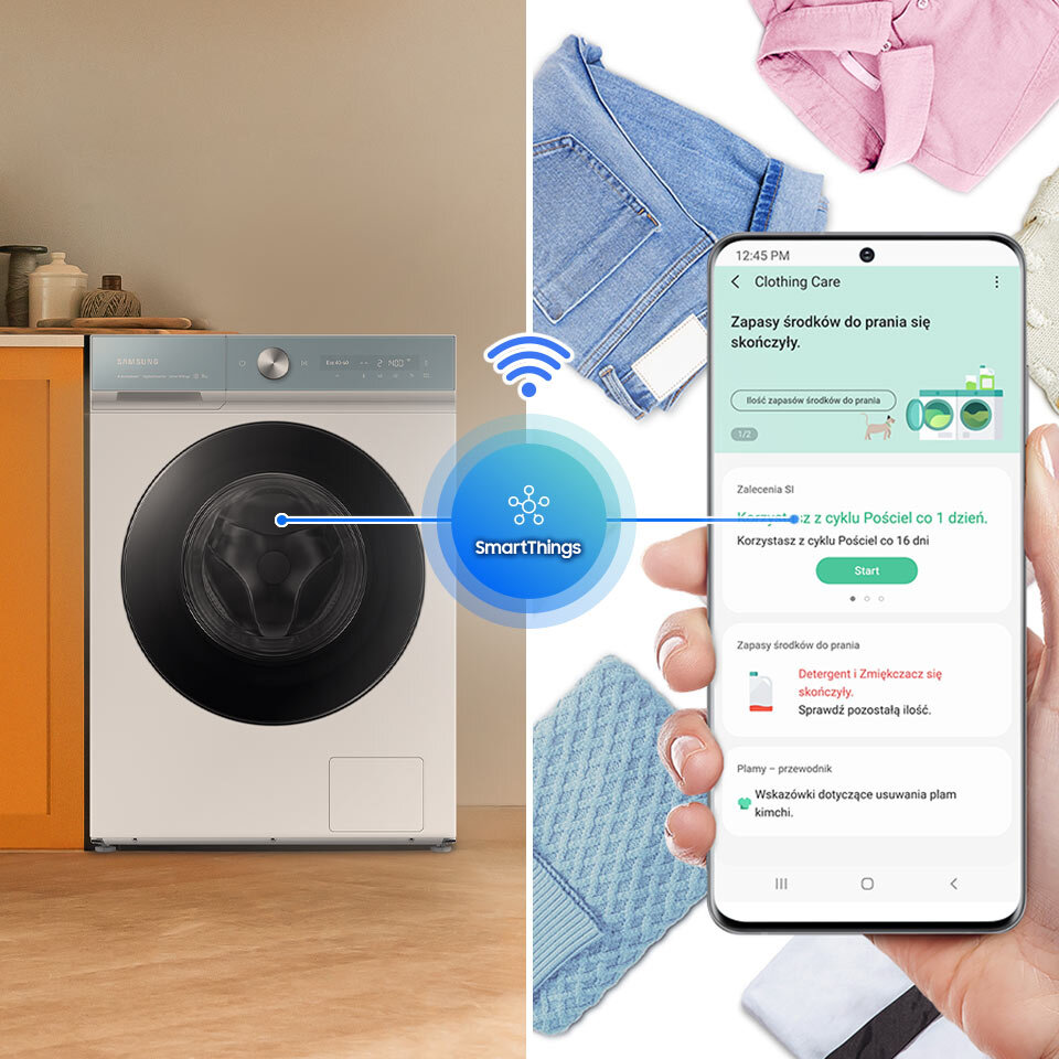 Aplikacja SmartThings zawiera porady dotyczące użytkowania pralki oraz interfejs zdalnego sterowania urządzeniem Aplikacja SmartThings zawiera porady dotyczące użytkowania pralki oraz interfejs zdalnego sterowania urządzeniem