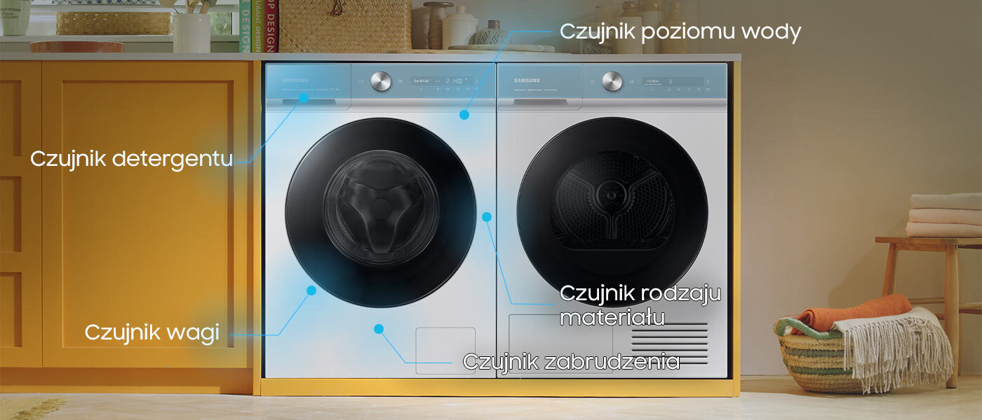 Grafika prezentuje rozmieszczenie czujników w pralce Samsung WW11BB944DGMS6 dostępnej w ofercie sieci sklepów Media Expert Grafika prezentuje rozmieszczenie czujników w pralce Samsung WW11BB944DGMS6 dostępnej w ofercie sieci sklepów Media Expert
