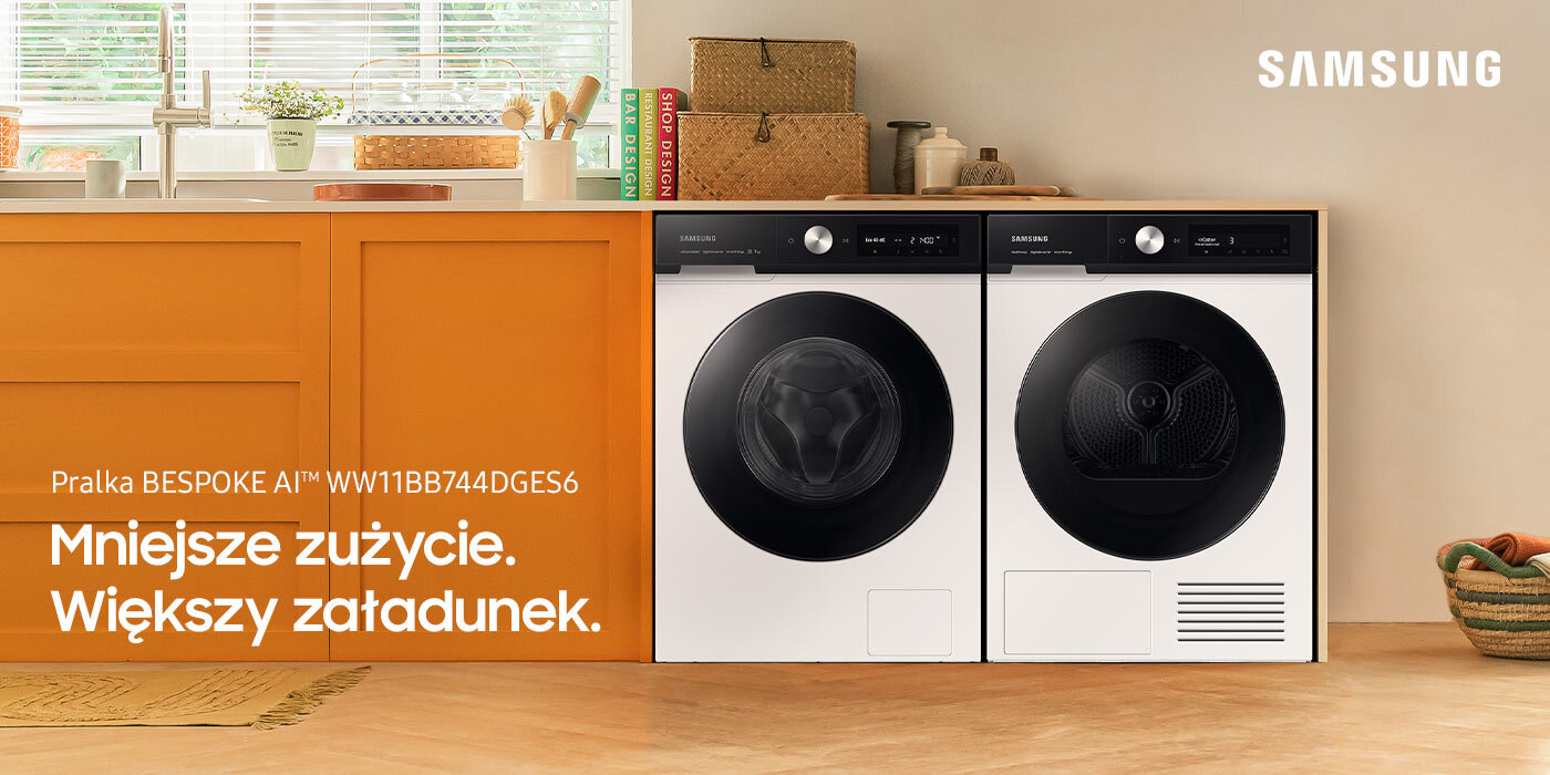 Stylowe pomieszczenie z pomarańczową zabudową, w którym stoi pralka Samsung WW11BB744DGE. Urządzenie można kupić w sieci Media Expert Stylowe pomieszczenie z pomarańczową zabudową, w którym stoi pralka Samsung WW11BB744DGE. Urządzenie można kupić w sieci Media Expert